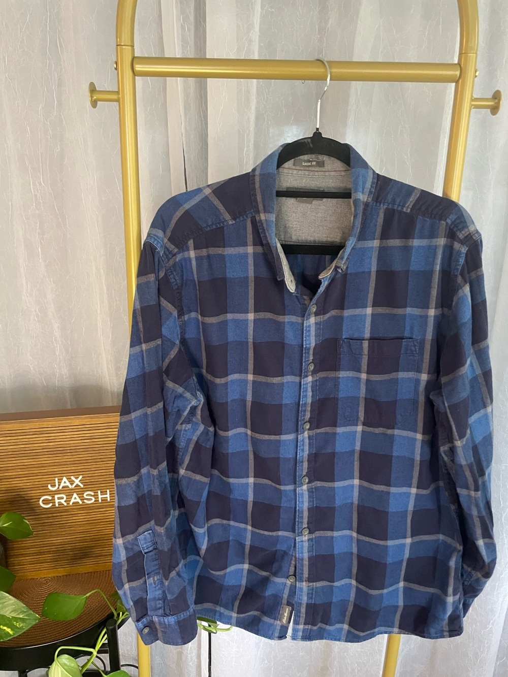 Eddie Bauer Navy and Light Blue Plaid Button-Down Shirt